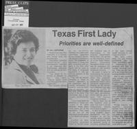 Newspaper clipping headlined "Texas First Lady: Priorities are well-defined," October 30, 1980