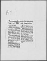 Newspaper clipping headlined, "Democrats planning poll surveillance to prevent GOP voter harassment," October 21, 1982