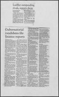 Newspaper clipping headlined "Loeffler outspending rivals, reports show," January 16, 1986