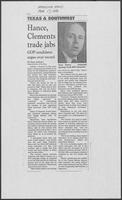 Newspaper clipping headlined, "Hance, Clements trade jabs," February 17, 1986