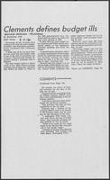 Newspaper clipping headlined "Clements defines budget ills," March 5, 1986