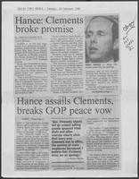 Newspaper clipping headlined "Hance: Clements broke promise," February 18, 1986