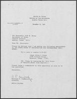 Appointment letter from Governor William P. Clements, Jr., to Secretary of State Jack Rains, December 10, 1987