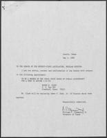 Appointment letter from William P. Clements to Senate of the 71st Legislature, May 3, 1989