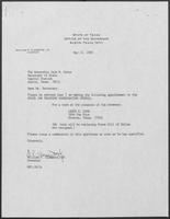 Appointment letter from Governor William P. Clements, Jr., to Secretary of State Jack Rains, May 23, 1989