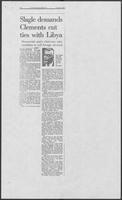 Newspaper clipping headlined "Slagle demands Clements cut ties with Libya," August 21, 1986