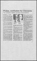 Newspaper clipping headlined, "Praise, confusion for Clements," August 20, 1986