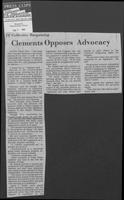 Newspaper clipping headlined, "Clements Opposes Advocacy," February 7, 1980