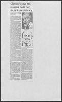 Newspaper clipping headlined "Clements says tax reversal does not show inconsistency," August 20, 1986