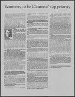 Newspaper clipping headlined, "Economy to be Clements' top priority," undated