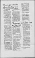 Newspaper clipping headlined "Clements stresses ties to Mexico" October 28, 1986