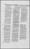 Newspaper clipping headlined "Clements modifies no-tax pledge," August 18, 1986