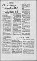 Newspaper clipping headlined "Clements says White shouldn't veto betting bill," September 10, 1986 