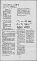 Newspaper clipping headlined "Clements says death penalty deters crime," December 10, 1982