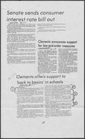 Newspaper clipping headlined "Clements offers support to 'back to basics' in schools," June 16, 1979