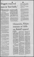 Newspaper clipping headlined "Clements, White remain at odds on Roloff appeal," June 10, 1981
