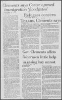 Newspaper clipping headlined "Refugees concern Texans, Clements says," May 9, 1980