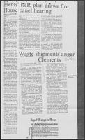 Newspaper clipping headlined "Waste shipments anger Clements," December 1, 1979