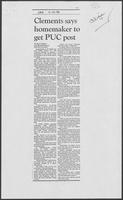 Newspaper clipping headlined, "Clements says homemaker to get PUC post," April 26, 1986