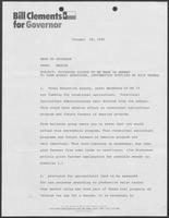 Memo from Reggie to William P. Clements, Jr., regarding suggest points to be made in answer to farm bureau questions. Information supplied by Rich Thomas., January 28, 1986