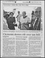 Newspaper clipping headlined "Clements denies rift over tax bill"