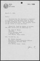 Memo from Joe Kirven to Polly Sewell, March 17, 1982 + Letter from William P. Clements to Lewis Bond, March 17, 1982