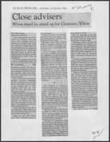 Newspaper clipping headlined "Close advisers: Wives stand in, stand up for Clements, White", October 18, 1986