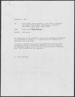 Memo to William P. Clements from Bill Lauderback, regarding Task Forces Organization and Coordination, October 27, 1981 with attached memo from Hilary Doran to Polly Sowell, et al. regarding Task Forces, November 12, 1981