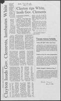 Newspaper clipping headlined, "Clayton rips White, lauds Gov. Clements," August 5, 1982