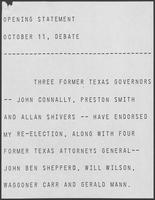 Governor William P. Clements's opening statement in debate with Mark White, October 11, 1982