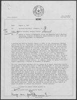 Memo from David Herndon to William P. Clements, Jr. regarding Update on Status of Matagorda Island and Upcoming Public Meetings Concerning Transfer of Federally Owned Portion to Texas Parks and Wildlife Department for Management, August 5, 1982