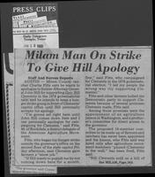 Newspaper clipping headlined, "Milam man on strike to give Hill apology," January 12, 1980
