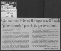 Newspaper clipping headlined "Clements hints Reagan will ask 'plowback' profits provision," December 6, 1980