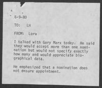 Memo from Lora to Linda Howell, June 9, 1980