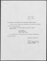 Appointment letter from Governor William P. Clements, Jr., to the Texas Senate, April 11, 1989