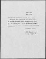 Appointment letters from William P. Clements, Jr. to the Senate of the Seventeenth Legislature, Regular Session, regarding the Texas Hospital Equipment Financing Council appointment, March 24, 1987