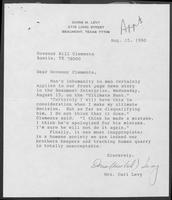 Letter  from Doris M. Levy to William P. Clements concerning Humane Treatment of Others, August 15, 1990