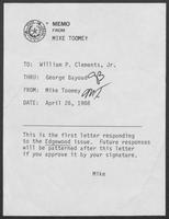 Memo from Mike Toomey to William P. Clements regarding response to correspondence about Edgewood v. Kirby, April 26, 1988