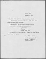 Appointment letter from William P. Clements to the Senate of the 70th Legislature, February 17, 1987