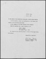 Appointment letter from William P. Clements to the Senate of the 70th Legislature, July 6, 1987