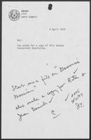 Memorandum from Janie Harris to Governor William P. Clements, Jr., April 4, 1979