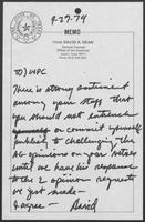 Two memos to Governor William P. Clements, Jr., regarding responses to Attorney General Mark White's opinions, September 26-September 27, 1979