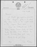 Handwritten note from Tom Phillips to William P. Clements, February 23, 1988