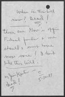 Handwritten note by William P. Clements with Oil Overcharge Restitutionary Act Bill, May 30, 1987