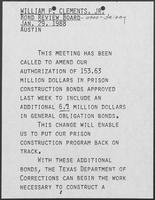 Remarks prepared for William P. Clements, Jr., for Bond Review Board, January 29, 1988