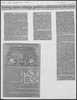 Newspaper clipping headlined "Losing states charge politics influenced decision," November 1, 1988