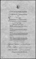 Certificate of Commendation from the City of Austin to Governor's Mansion, March 29, 1979
