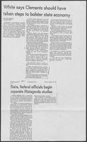 Newspaper clipping headlined, "White says Clements should have taken steps to bolster state economy," October 22, 1982