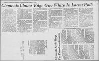 Newspaper clipping headlined, "Clements claims edge over White in latest poll," October 14, 1982