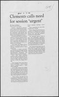 Newspaper clipping headlined, "Clements calls need for session 'urgent,'" June 3, 1986